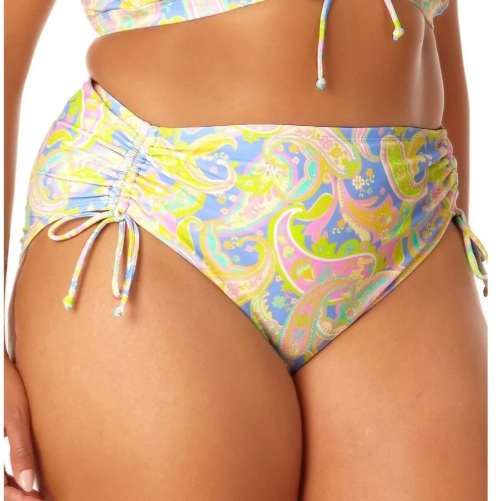 California High Waist Drawstring Full Bottom Pastel Paisley Swim Separate